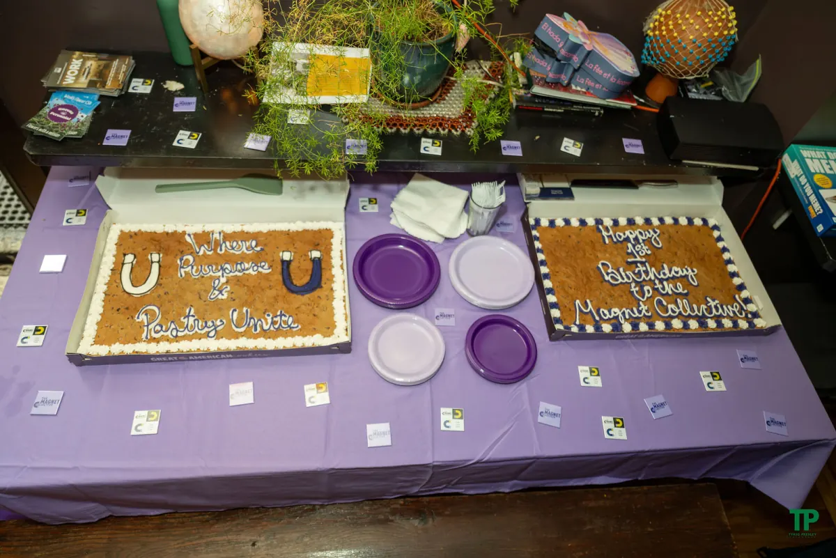 Birthday cakes and purple party details at The Magnet Collective celebration